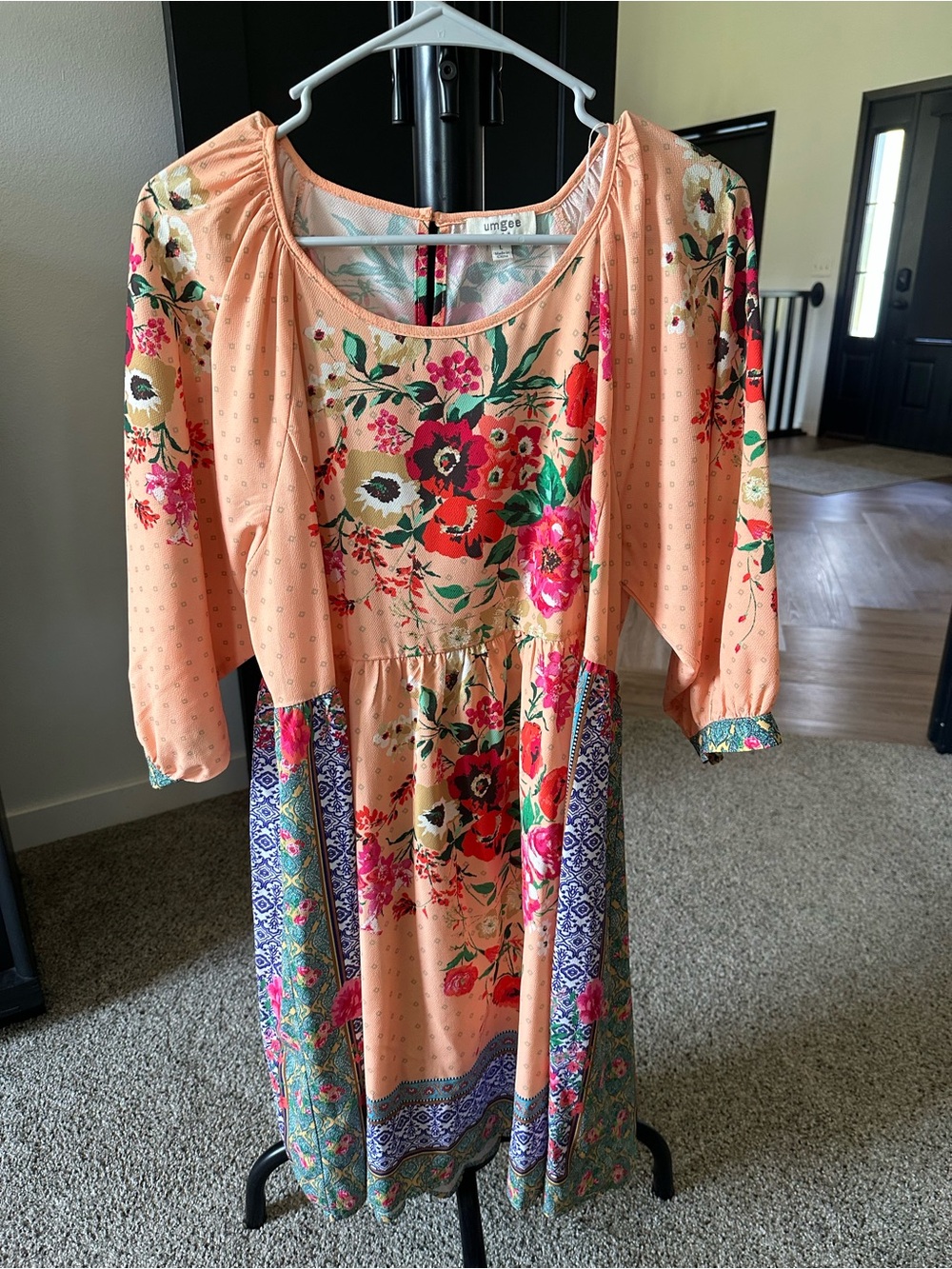 Umgee Peach Floral Patchwork Midi Dress